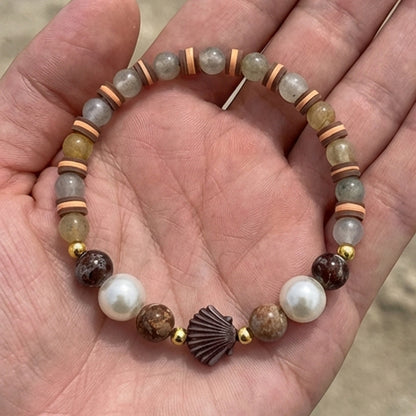 Handmade Wood and Pearl Beaded Bracelet Earth Tone Gemstone Seashell Charm Jewelry Coastal Boho Style