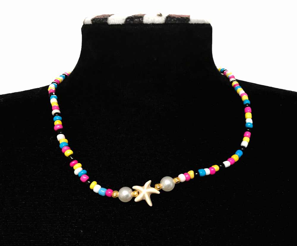 Handcrafted Summer Beaded Starfish Necklace, Metal-Plated Clasp w/ Extension Chain