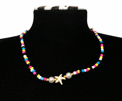 Handcrafted Summer Beaded Starfish Necklace, Metal-Plated Clasp w/ Extension Chain