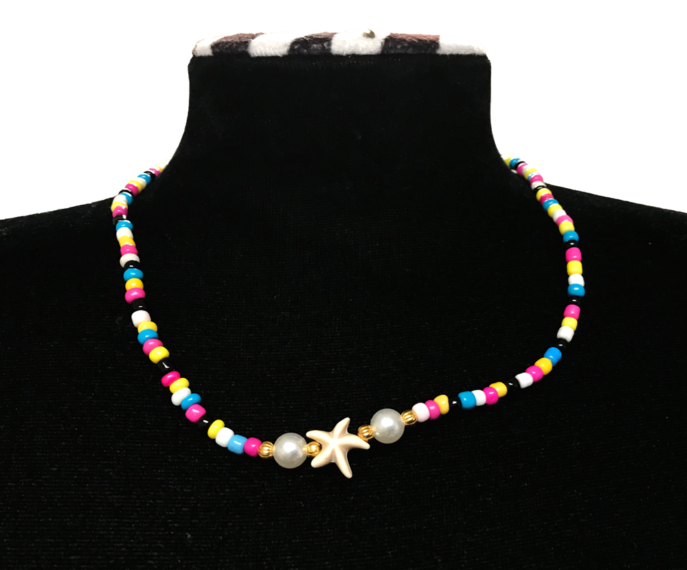 Handcrafted Summer Beaded Starfish Necklace, Metal-Plated Clasp w/ Extension Chain