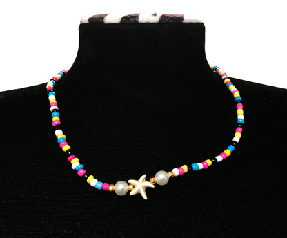Handcrafted Summer Beaded Starfish Necklace, Metal-Plated Clasp w/ Extension Chain