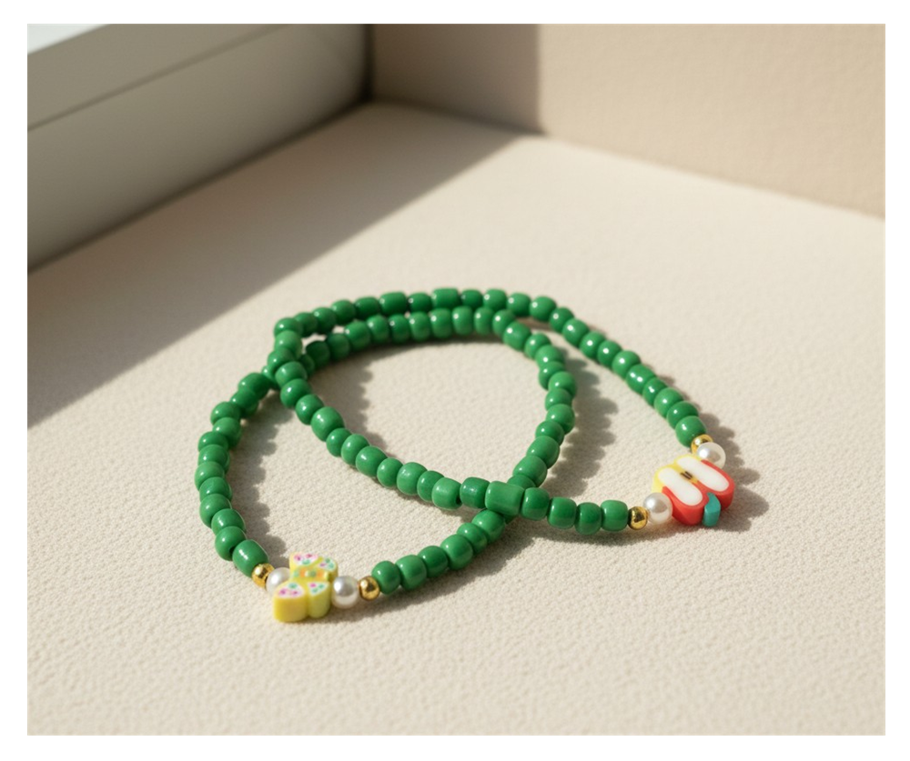 Handmade Vibrant Green Sliced-Apple and Butterfly-like Charm Beaded Bracelet, Teen Jewelry, Novelty Bracelet, Boho-chic