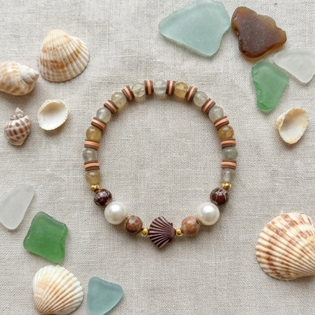 Handmade Wood and Pearl Beaded Bracelet Earth Tone Gemstone Seashell Charm Jewelry Coastal Boho Style