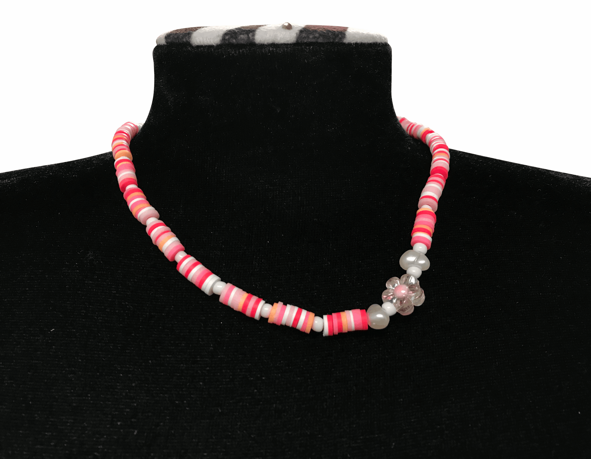 Pink Heishi Bead Necklace, Surfer Style Beach Flower Beaded Jewelry, Pastel White Coral Choker, Metal-Plated Clasp w/ Extension Chain