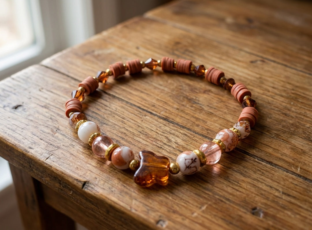 Handmade Beaded Stretch Bracelet with Warm Marbled Beads and Butterfly Centerpiece – Boho Gift Jewelry