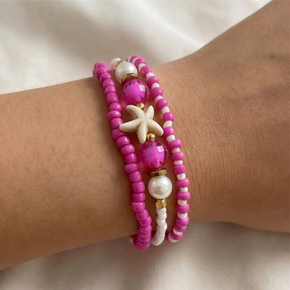 Handmade Hot Pink White Beaded Bracelet Set, Starfish Charm, Boho Ocean Jewelry