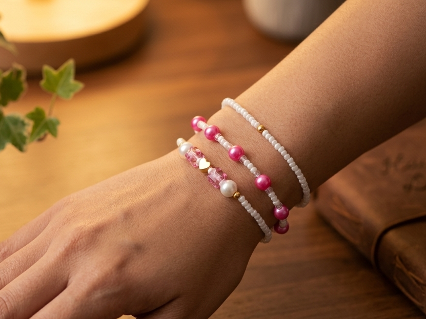 Close-up of a wrist wearing three beaded bracelets on a wooden surface.
