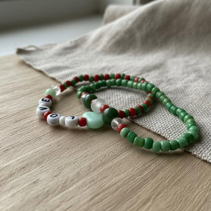 Handmade Red and Green Bracelet Set— Personalized Beaded Stretch Jewelry, Cute Colorful Gift For Her