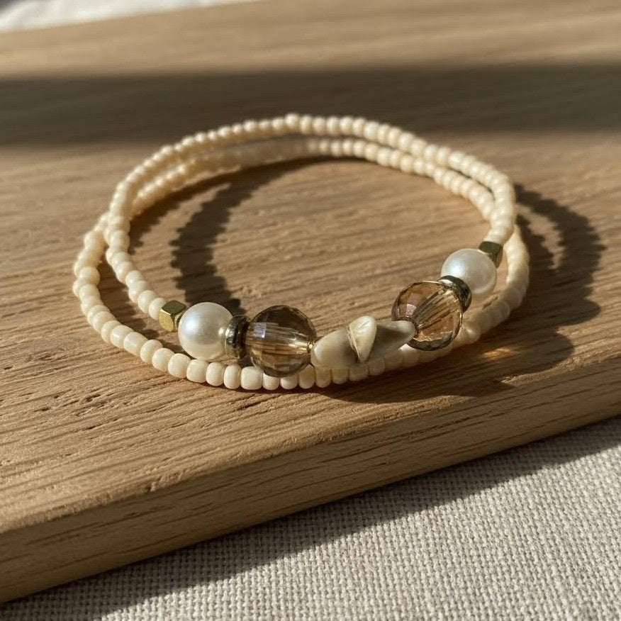 Neutral Tones Beaded Bracelet Set, Handmade Glass & Pearl Accent, Coastal Minimalist Boho Stackable Jewelry