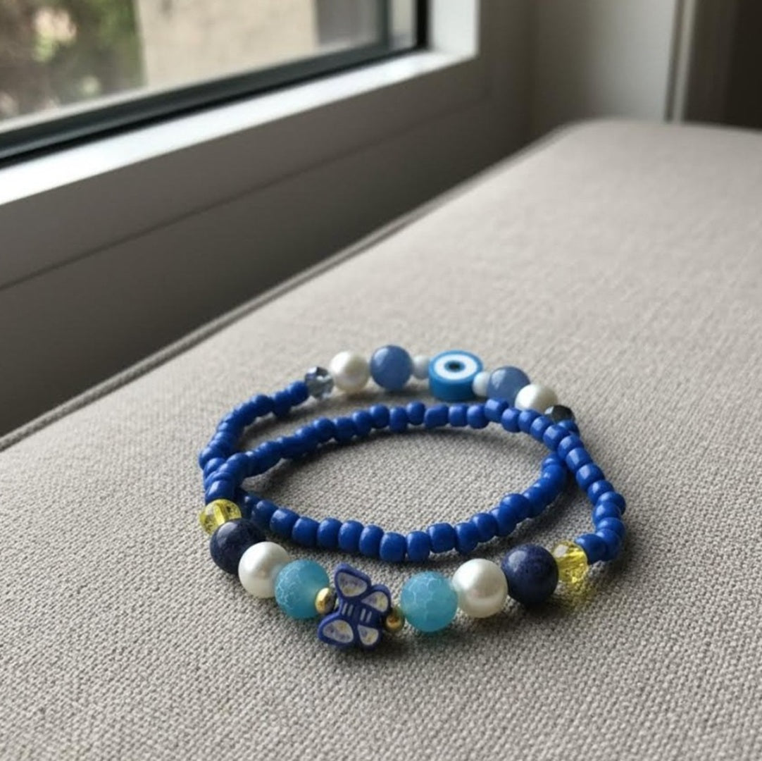 Handmade 2-Piece Blue Beaded Bracelet Set with Pearl-Style, Evil Eye & Butterfly Accents – Gift Jewelry, Boho Fashion Style