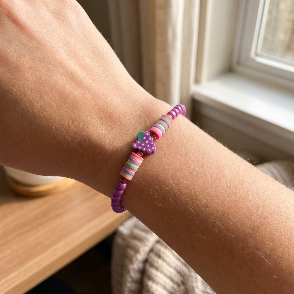 Person wearing a colorful beaded bracelet on a wooden surface with a window in the background
