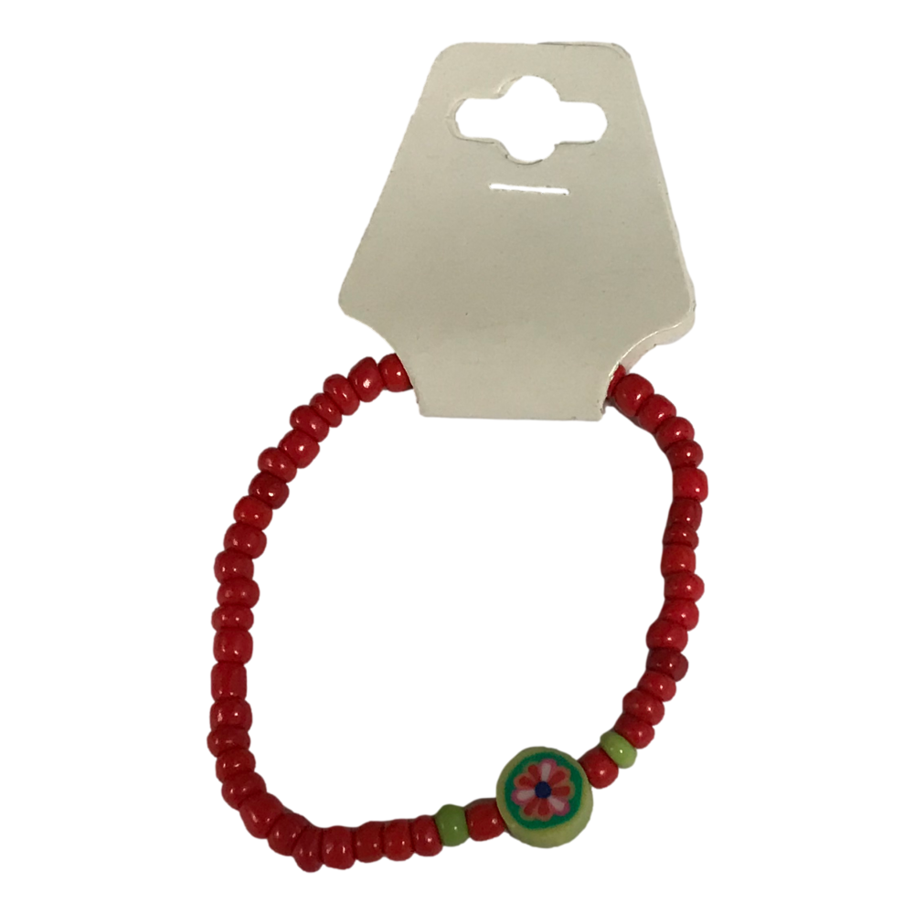 Red beaded bracelet with a decorative bead on a white background