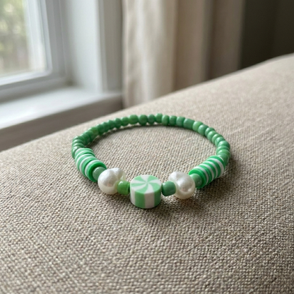 Green Clay Bead Pearl Bracelet, Preppy Peppermint Swirl Candy Jewelry,  Cute Summer Gift for Her