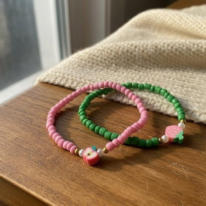 Handmade Pink Green Beaded Bracelet Set, Apple & Strawberry Charm, Playful Boho Jewelry