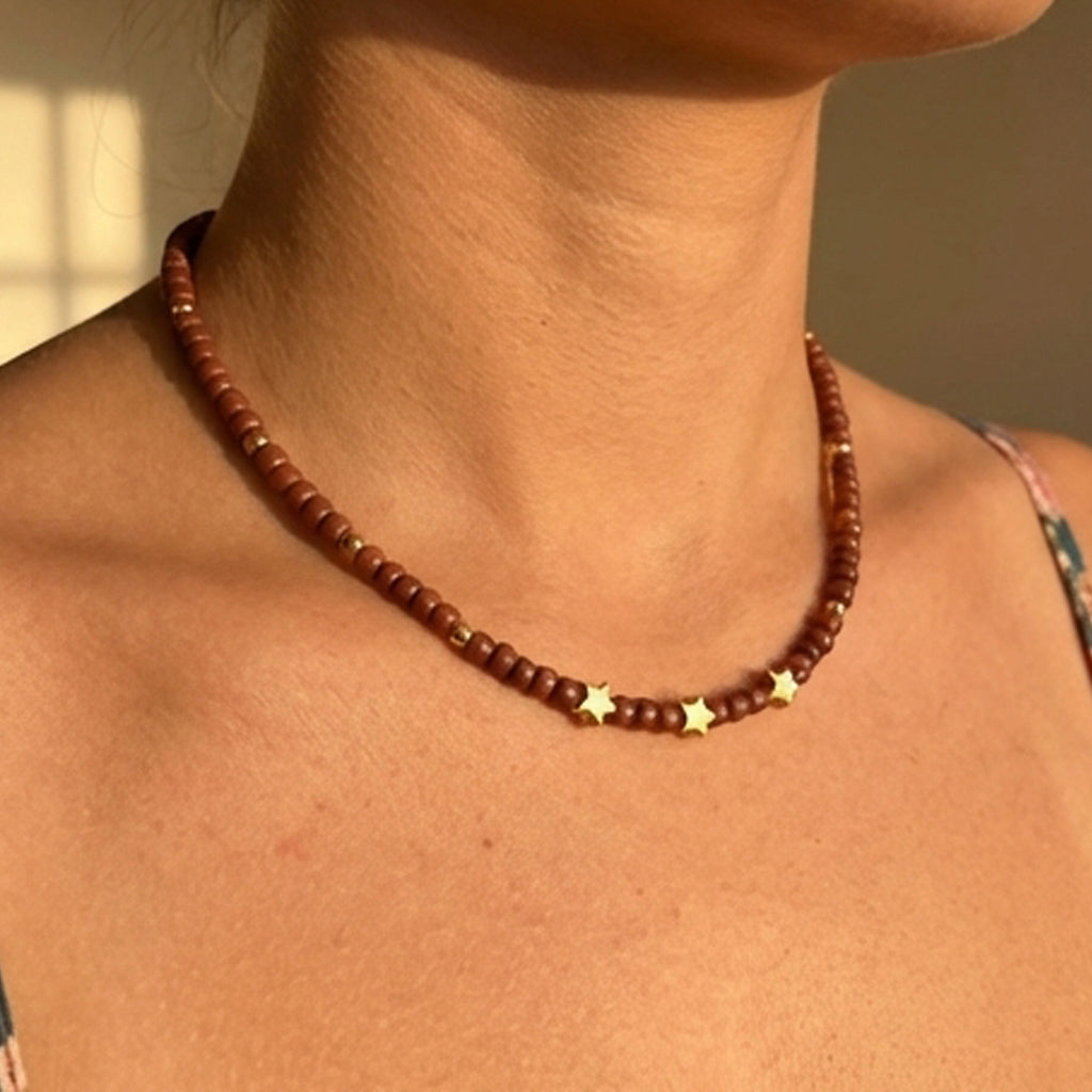 Brown Seed Bead Necklace with Gold Star Charms, Dainty Celestial Jewelry
