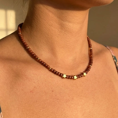 Brown Seed Bead Necklace with Gold Star Charms, Dainty Celestial Jewelry