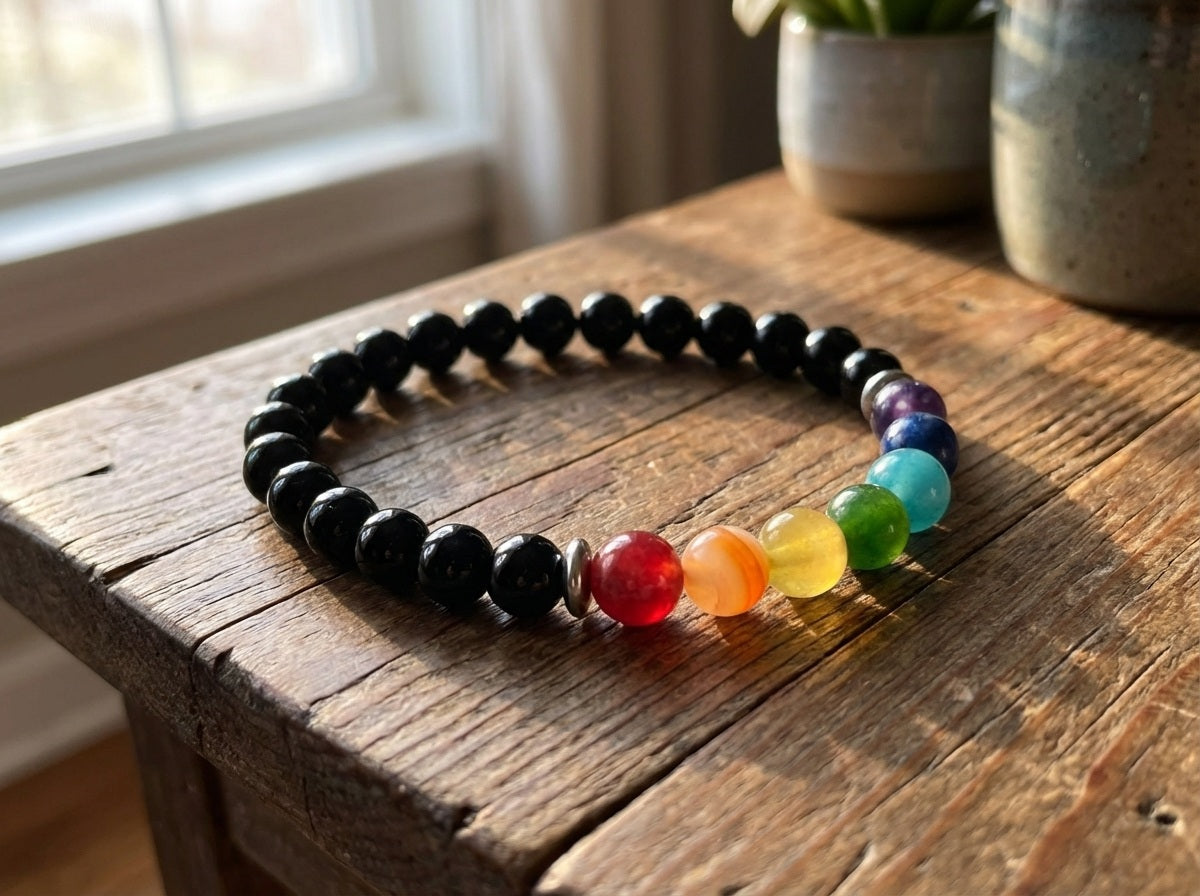 Colorful beaded bracelet on a wooden surface with a blurred background