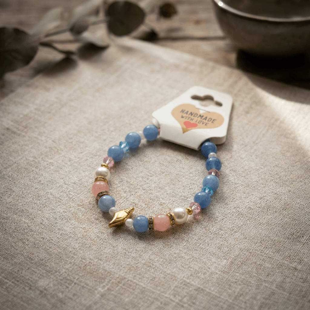 Pastel Ocean Beaded Bracelet with Gold Seashell Charm, Blue Pink White Stretch Bracelet, Handmade Beach Jewelry Gift