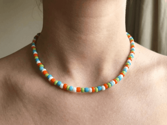 Handmade Citrus Beaded Necklace, Colorful Summer Choker, Y2K Indie Aesthetic Jewelry, Orange Green Blue White Beads