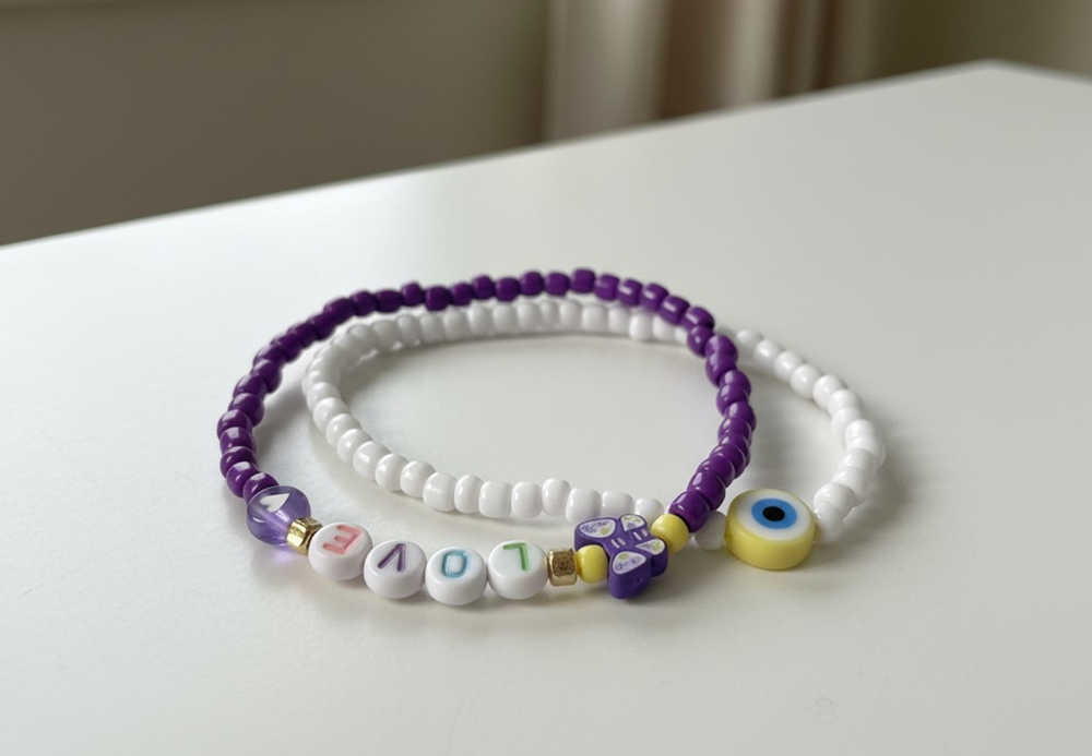 Handmade Purple Love Duo Beaded Bracelet with Accent Charms, Youth/Teen Jewelry, Novelty Bracelet, Boho-chic