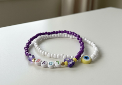 Handmade Purple Love Duo Beaded Bracelet with Accent Charms, Youth/Teen Jewelry, Novelty Bracelet, Boho-chic