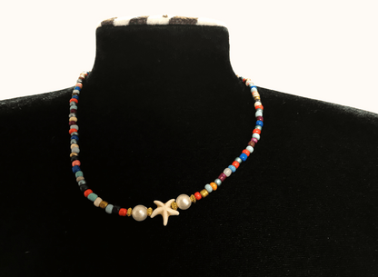 Handmade Beaded Necklace Multicolor Starfish Charm and Faux Pearls