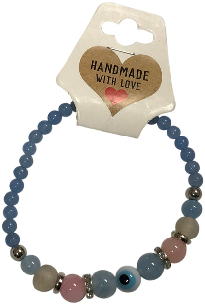 Angelite and Rose Quartz Evil Eye Bracelet Handmade Spiritual Gift Protection Blue Gemstone Beaded Natural Stone Jewelry