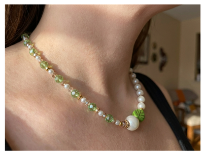 Handcrafted Spring Leaf Pearl-like Necklace with Faceted Crystal-style Beads, Metal-Plated Clasp w/ Extension Chain