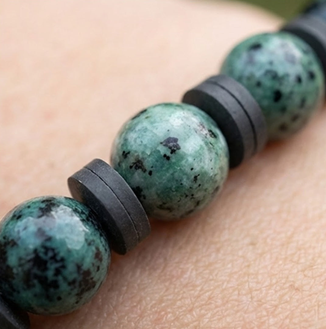Handmade Boho Bracelet - Greenish-Gray Speckled K2-Style Beads with Dark Spacer Accents & Gray Heishi