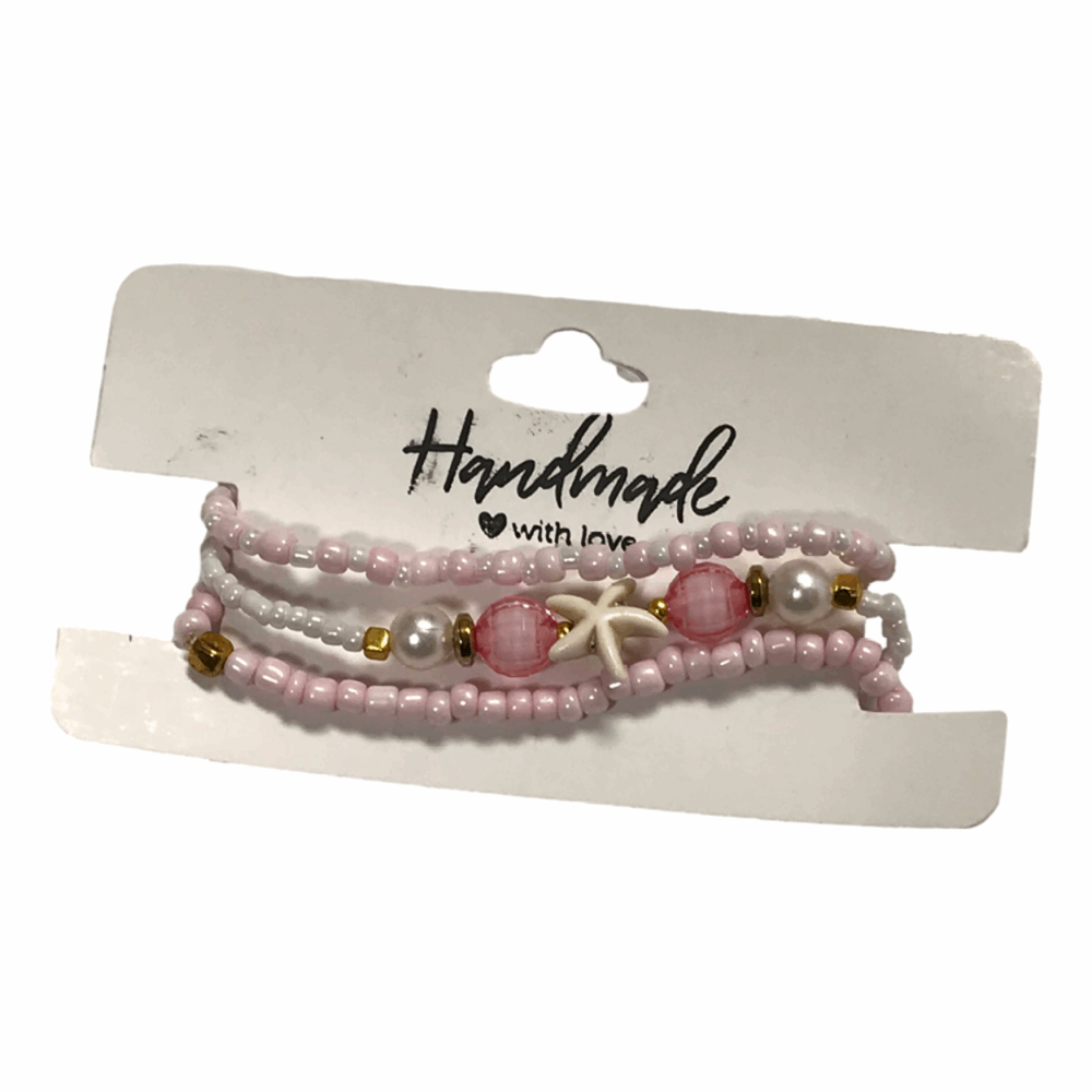 Handmade Pastel Pink White Gold Beaded Bracelet Set, Starfish Charm, Boho Ocean Jewelry