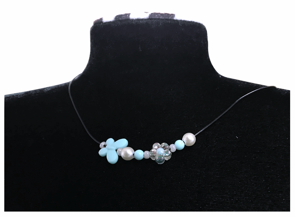 Handcrafted Flower-Butterfly Design Necklace with Acrylic White Pearl Beads, Black Cord, Lobster Claw with Extension Chain