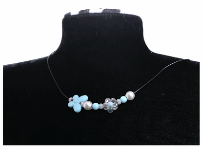 Handcrafted Flower-Butterfly Design Necklace with Acrylic White Pearl Beads, Black Cord, Lobster Claw with Extension Chain