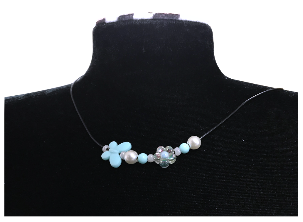Handcrafted Flower-Butterfly Design Necklace with Pearl-like Beads, Black Cord, Lobster Claw with Extension Chain