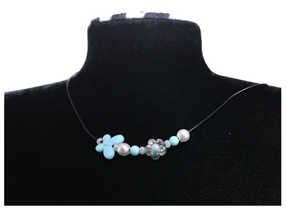 Handcrafted Flower-Butterfly Design Necklace with Pearl-like Beads, Black Cord, Lobster Claw with Extension Chain
