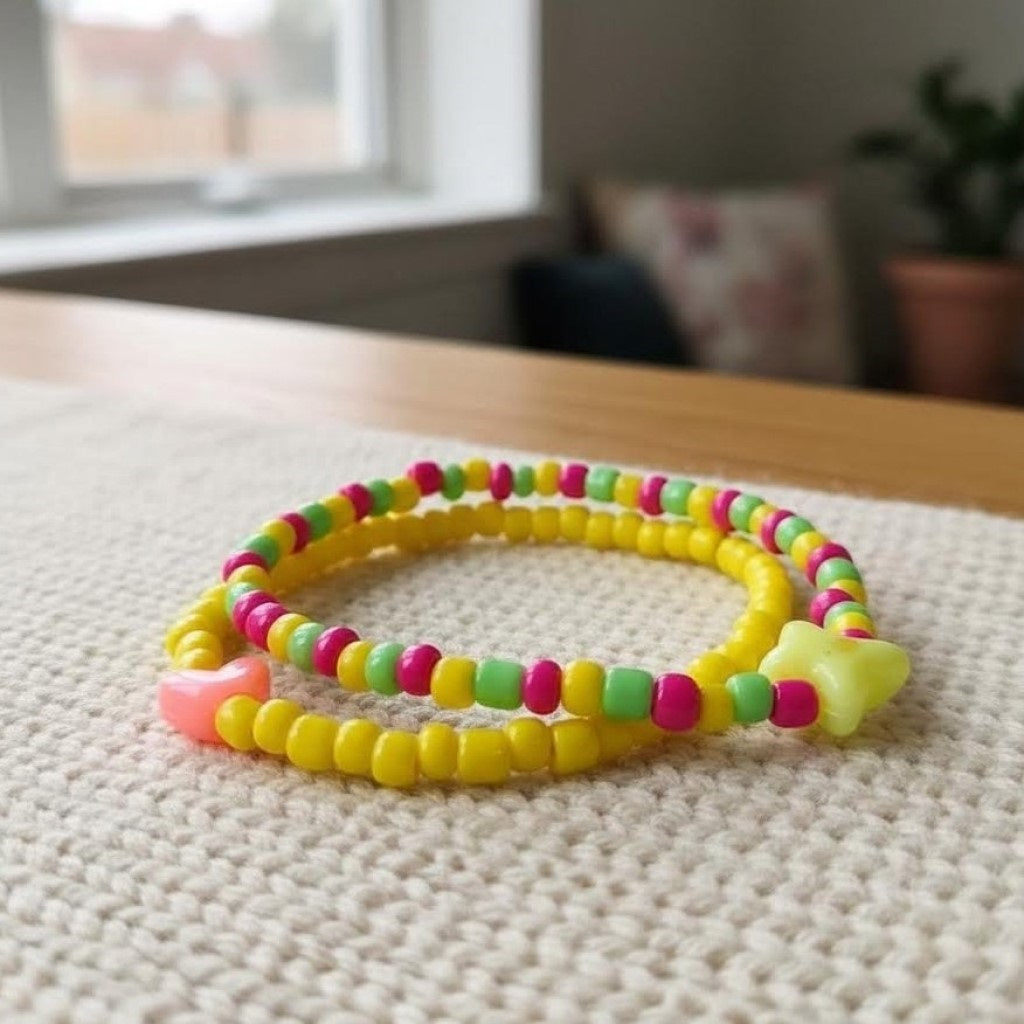 Handmade Yellow Pink Green Beaded Bracelet Set, Heart & Star Charm, Playful Boho Jewelry