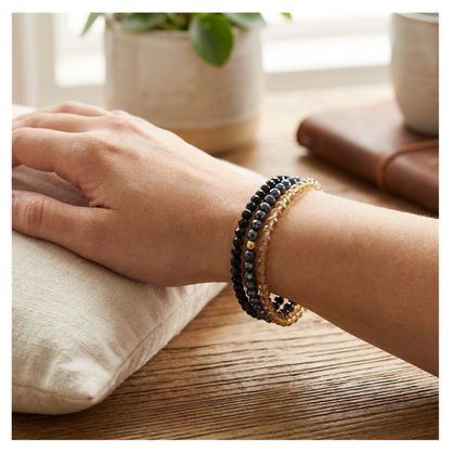 Handmade Black, Dark Grey, Light Amber Beaded Bracelet, Smoky Quartz & Obsidian Stack