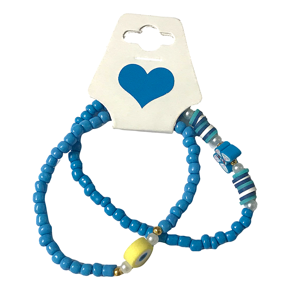 Two blue beaded bracelets on a card with a heart design on a white background
