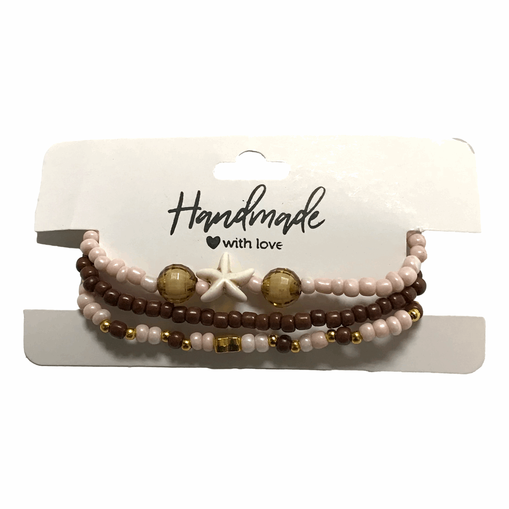 Handmade Sandrift Brown Gold Beaded Bracelet Set, Starfish Charm, Boho Ocean Jewelry