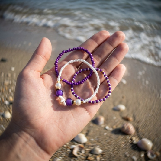 Handmade Purple White Gold Beaded Bracelet Set, Starfish Charm, Boho Ocean Jewelry