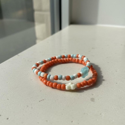 Beaded Bracelet Set, Orange White & Aqua Stretch Bracelets w/ Flower Charm - Happiness, Calm & Growth Symbol Jewelry