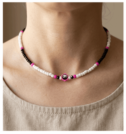 Handcrafted Petal Duality Beaded Necklace, Metal-Plated Clasp w/ Extension Chain