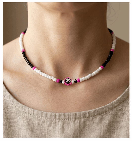 Handcrafted Petal Duality Beaded Necklace, Metal-Plated Clasp w/ Extension Chain