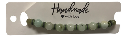 Handmade Greenish-Gray Jade-Style Beaded Bracelet with Brown & Cream Disc Spacers – Boho Jewelry Gift