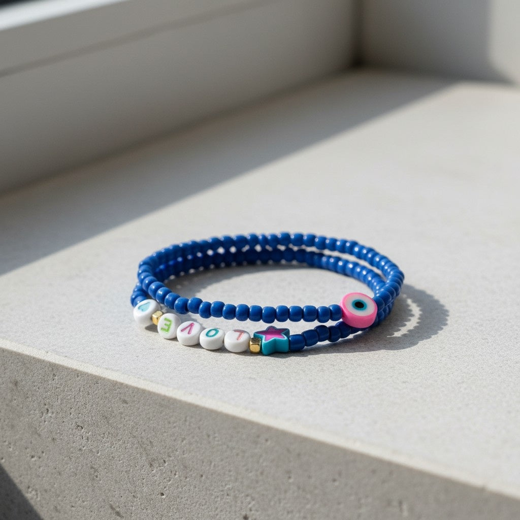 Handmade Blue Beaded Bracelet Set with Evil Eye Charm— Personalized Friendship Gift For Her, Stackable Stretch Jewelry