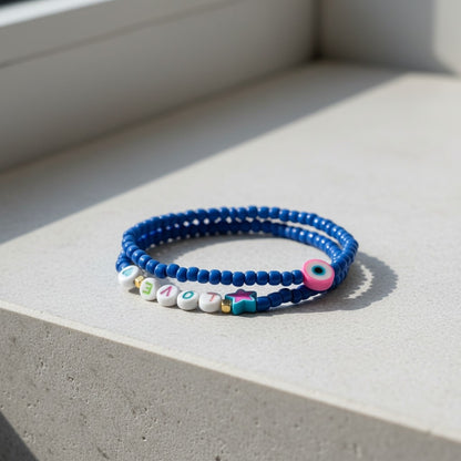 Handmade Blue Beaded Bracelet Set with Evil Eye Charm— Personalized Friendship Gift For Her, Stackable Stretch Jewelry