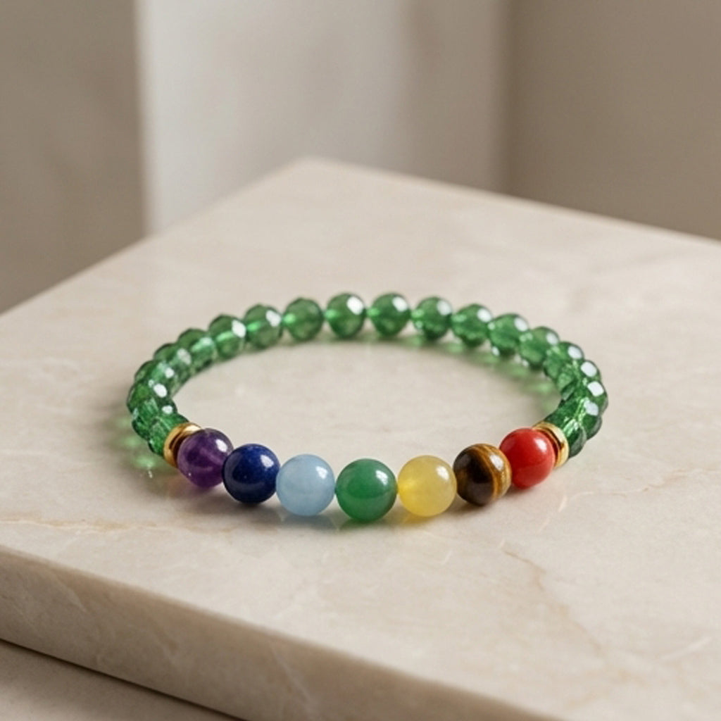 Green Crystal-Style and 7 Chakra Gemstone Bracelet Natural Stone Beaded Handmade Stacking Jewelry Boho Style