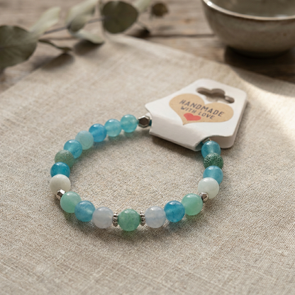 Handmade Blue Green Agate Gemstone Stretch Bracelet, Minimalist Boho Natural Stone