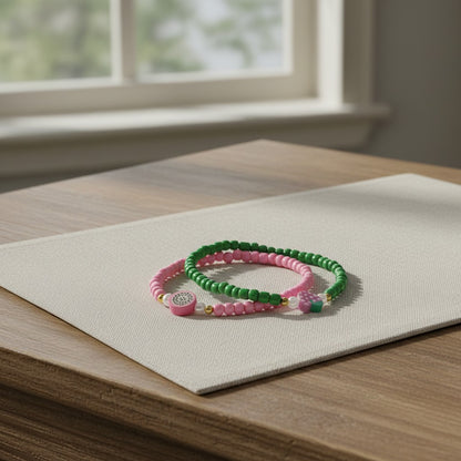 Two colorful bracelets on a white surface with a window in the background