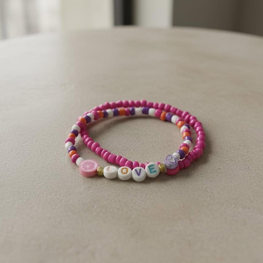 Love Letter Bracelet Set, Pink & Purple Fruit Charm Stack, Personalized Beaded Jewelry for Kids & Teens