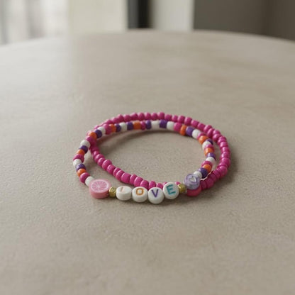 Love Letter Bracelet Set, Pink & Purple Fruit Charm Stack, Personalized Beaded Jewelry for Kids & Teens